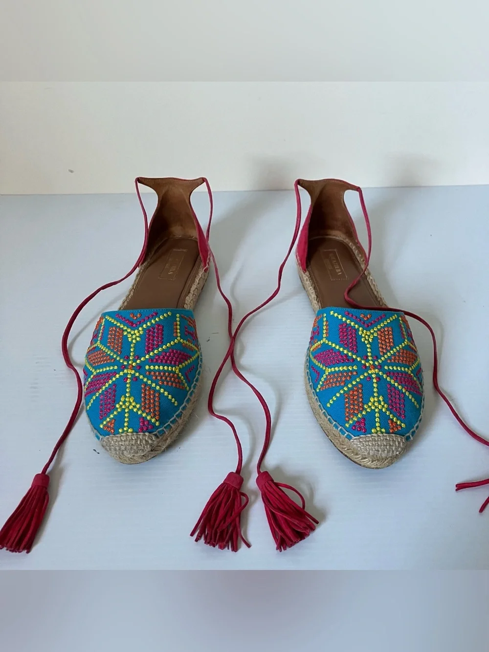 Aquazzura Colorful Beaded Lace-Up Espadrilles Embroidered Resort Flats size 39.5